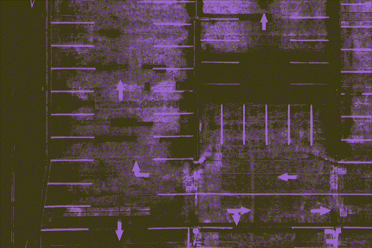 purple and green dithered overhead view of parking lot